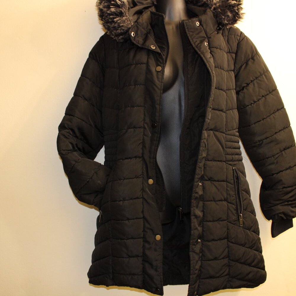 Novish Collection Black Quilted Faux Fur Hooded Puffer Coat Women’s L Long Winte - Picture 3 of 12